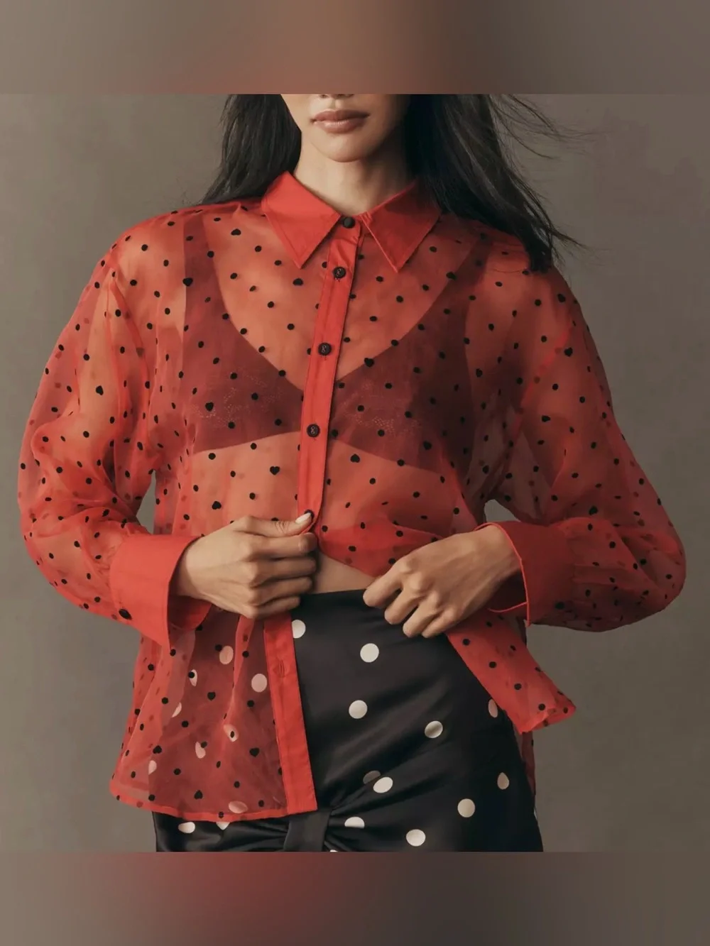 Maeve Sheer Organza Long Sleeve Heart & Polka Dot Button Down Blouse Red Size XS